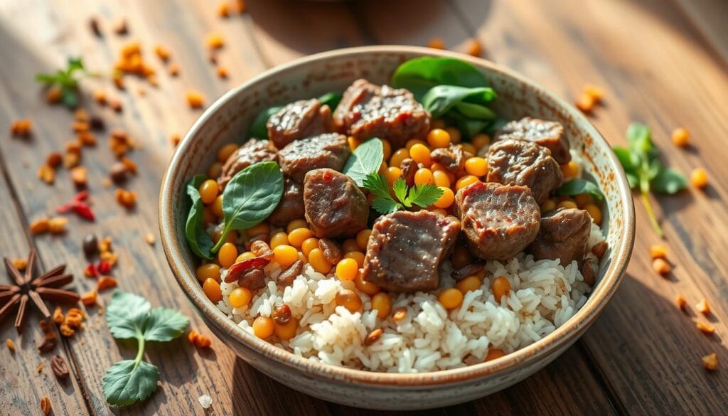 Nutritional Benefits of Lamb Lentils Rice Spinach Dish