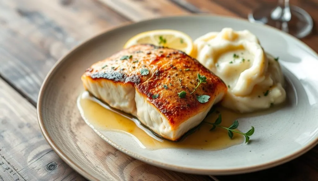 Plated salmon and mashed potatoes