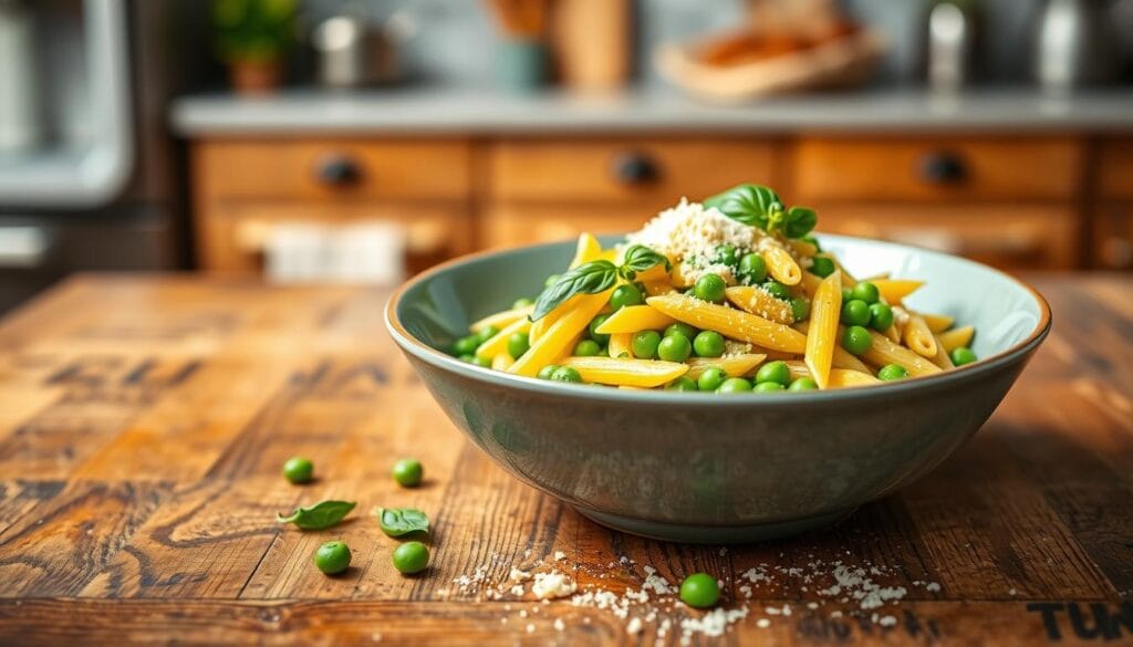 penne pasta with green peas